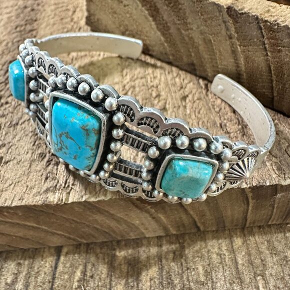 Turquoise Cuff Bracelet in Antique Silver Style, Boho Southwestern Cuff, Ships - Picture 7 of 9